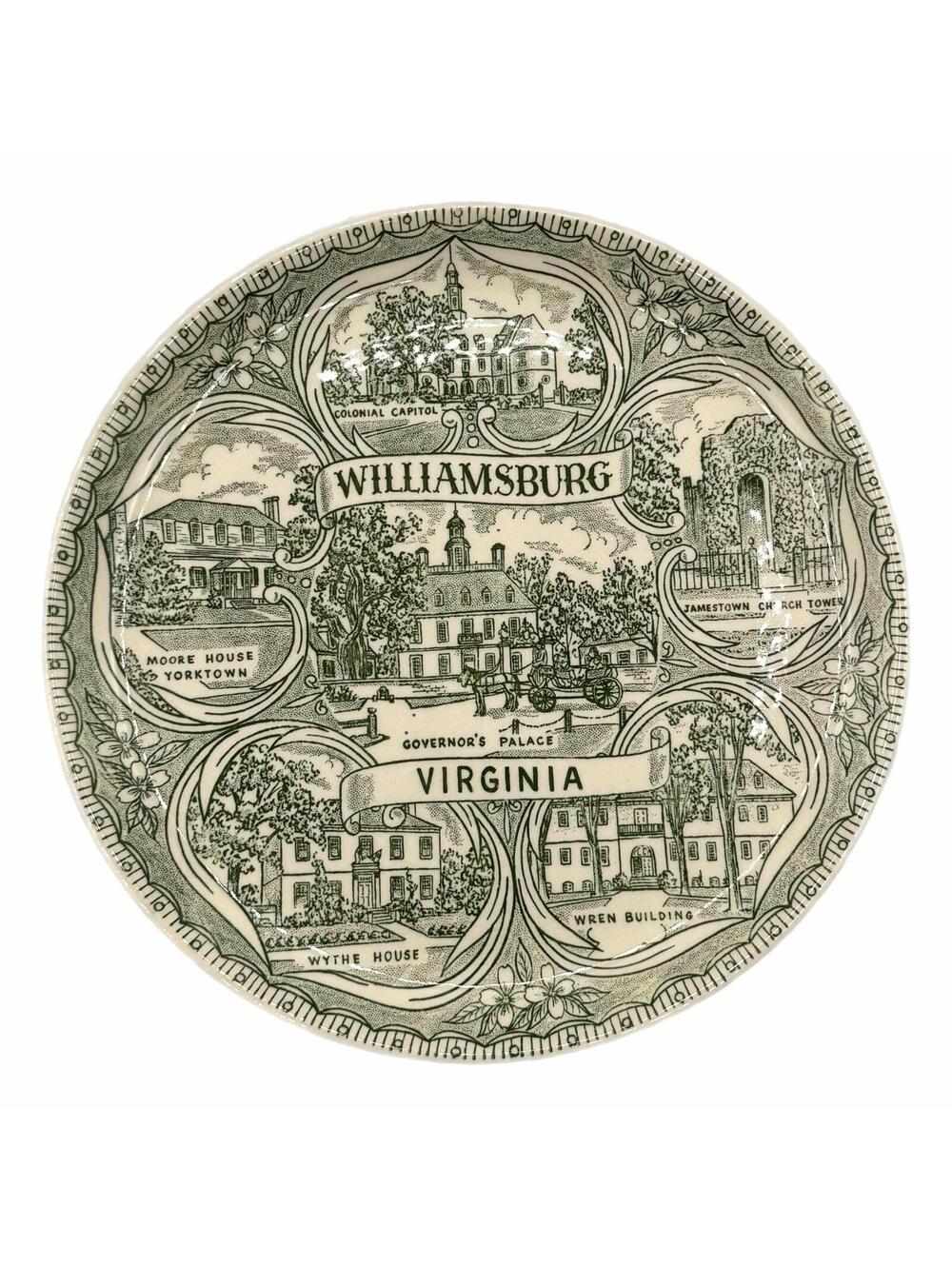 Vintage Williamsburg Virgina Green Transferware 9” Ceramic Souvenir Plate